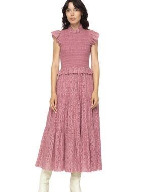 Sea New York Ingrid Pink Smocked Eyelet Ruffle Midi Dress Size 6